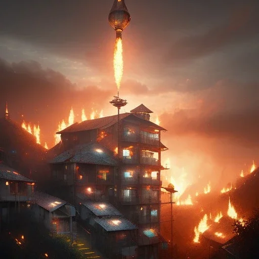 Favela, in the hill, burning, explosion, resolution concept art by Greg Rutkowski