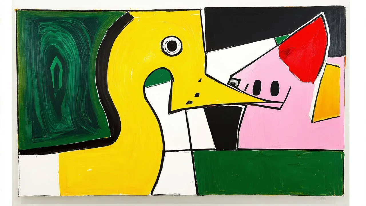 Abstract artwork that combines elements of Cubism and Fauvism, characterized by bold colors and geometric shapes. The painting is composed of various shapes and textures that blend seamlessly together. In the foreground, there is a face-like shape with a large, exaggerated nose and mouth, depicted in shades of yellow, green, and white. Below this, there is a green bird-like figure with a red beak. To the right, a large, pink pig with a yellow snout and ears is depicted. The background features a