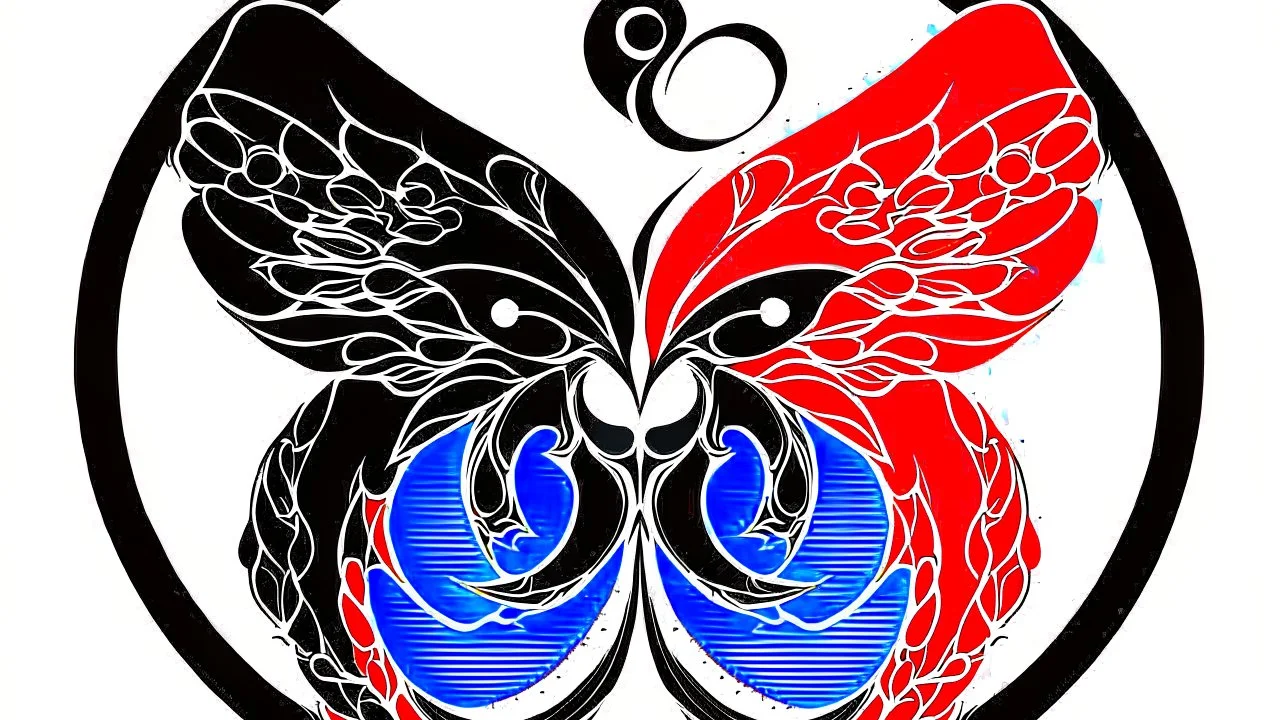 A red and black metamorphosis symbol, with a blue serenity symbol.