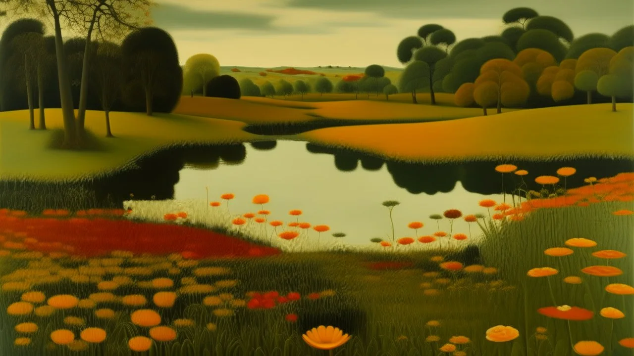 An olive green wetlands with fiery orange flowers painted by Henri Rousseau
