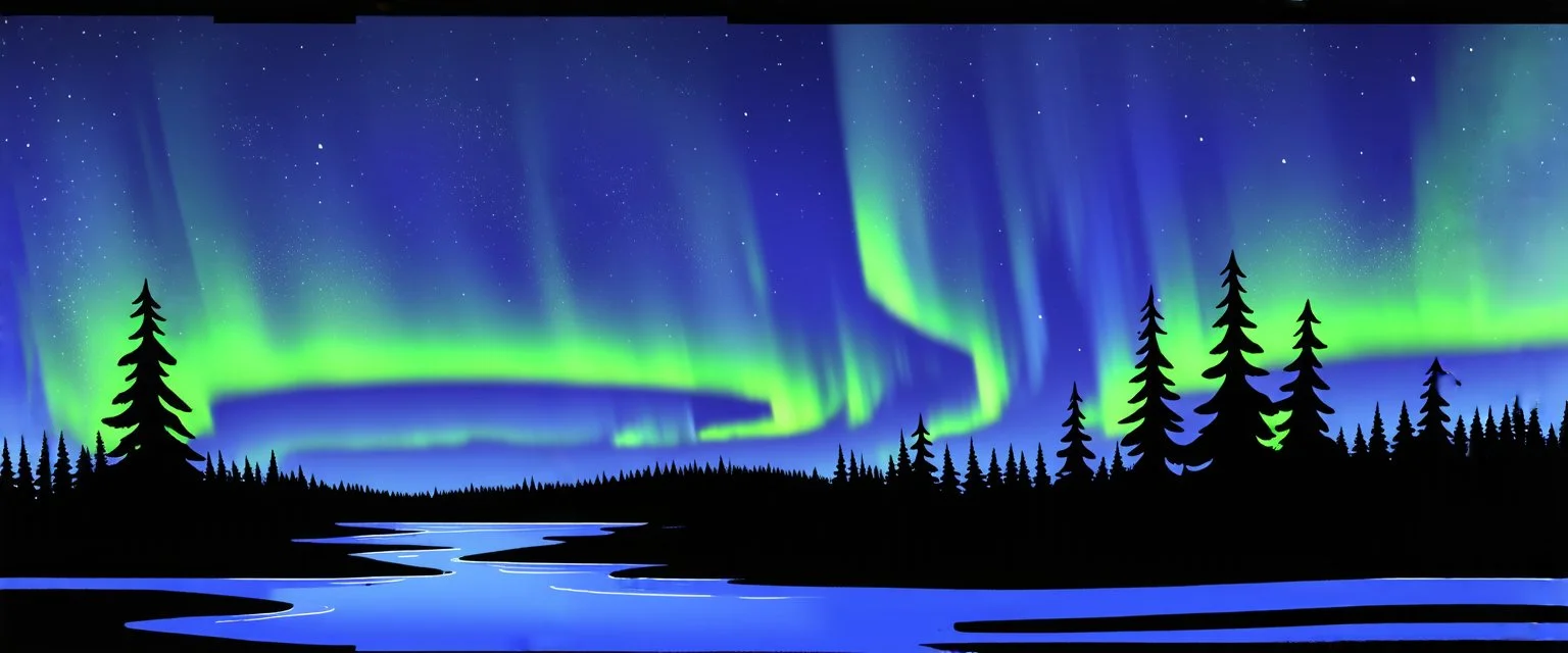 northern lights on the top right and left with a thin section joining then through the middle. below are trees and water. whimsical hand drawn style. line drawing with muted color