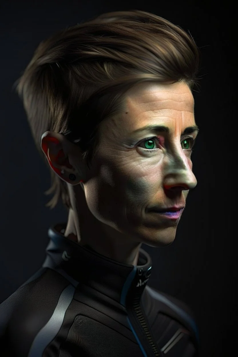 She has a lean, athletic build, a testament to her years of cycling. Her short-cropped hair, worn for aerodynamics during races, gives her a distinctive and androgynous look. portrait, photo-realistic, shot on Hasselblad h6d-400c, zeiss prime lens,