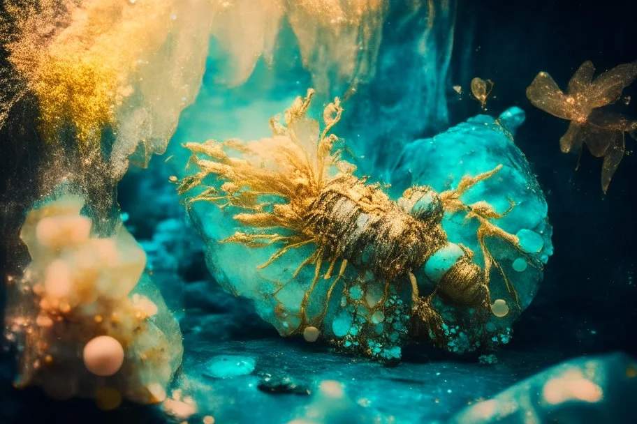 Double exposure, merged layers, beautiful composition, turquoise prawns made with concrete and driftwood and rare pearl and low voltage filament lit, golden patina, in sunshine, corrosion, heart and love, angora fur, burlap, waterfall, flowers in sunshine, ethereal, cinematic postprocessing, bokeh, dof