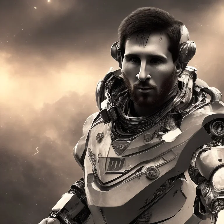 lionel messi perfect face and portrait post-apocalypse perfect cyborgs in a footbal stadium, sci-fi fantasy style, 8k,dark