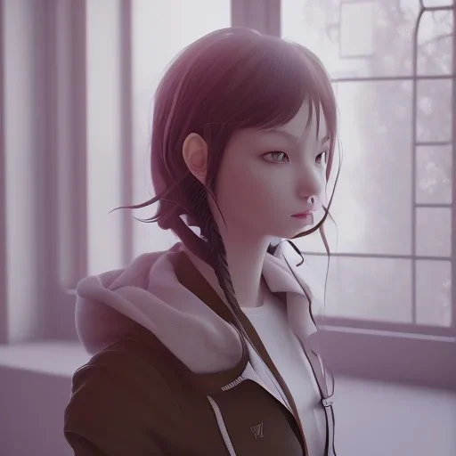 Anime, female student studying by the window, anime style,perfect face, cool face, ultra detail, unreal engine 5, cinema4d, sun light, studio lighting --ar 1:1 --v 4