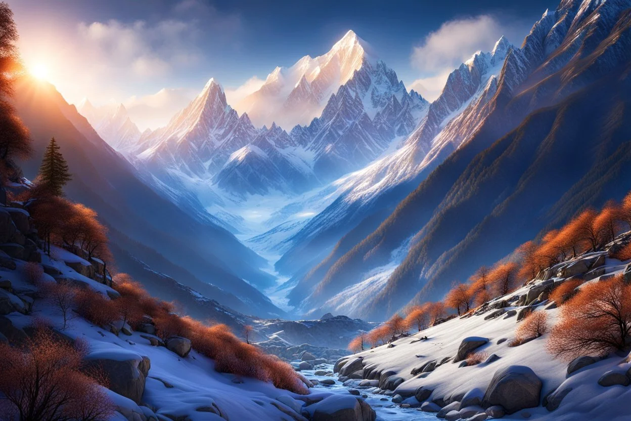 A valley through Himalayan winter mountains. a mountain higher than Everest at the end of the valley. fantasy concept art, exquisite realism, a masterpiece, dynamic lighting, hyper detailed, intricately detailed, deep color, Unreal Engine, volumetric lighting , Epic cinematic brilliant stunning intricate meticulously detailed dramatic atmospheric maximal,