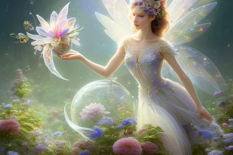 one very little beautiful fairy on a big crystal subtle flower in a galactic ambiance, transparent petals, delicate colors, in the foreground, full of details, smooth, bright sunshine，soft light atmosphere, light effect，vaporwave colorful, concept art, smooth, extremely sharp detail, finely tuned detail, ultra high definition, 8 k, unreal engine 5, ultra sharp focus