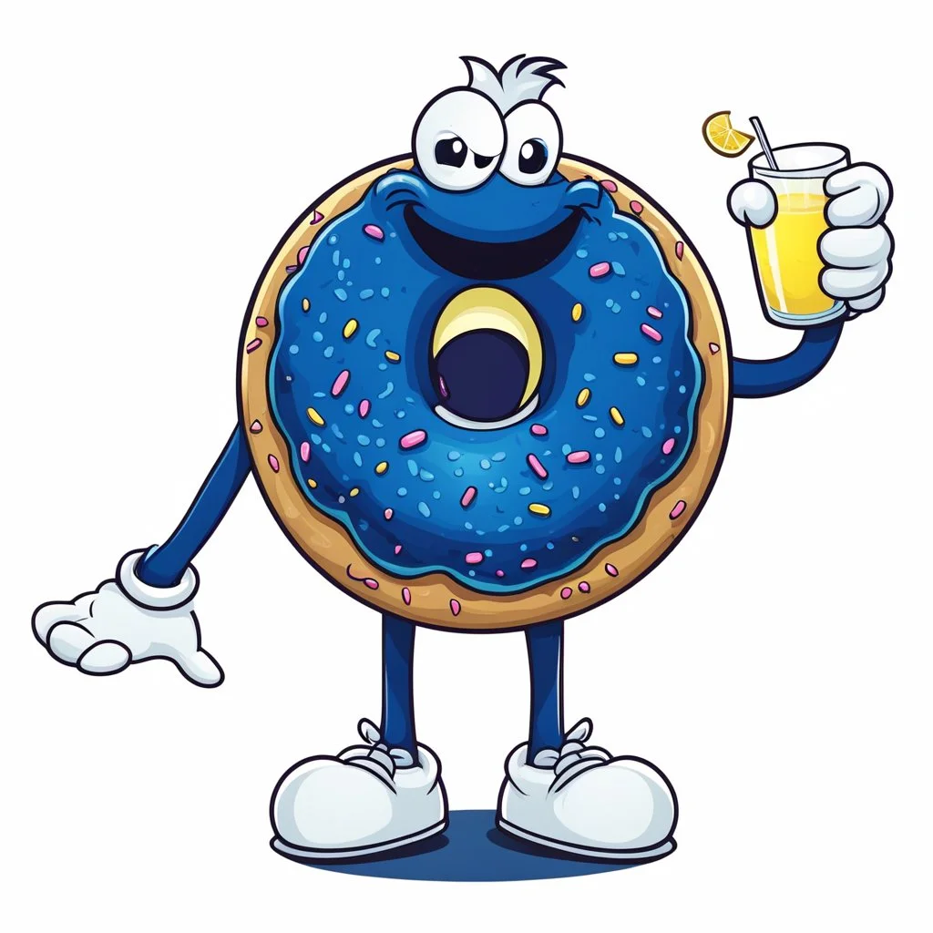 Cartoon mascot of a donut holding a glass of lemonade