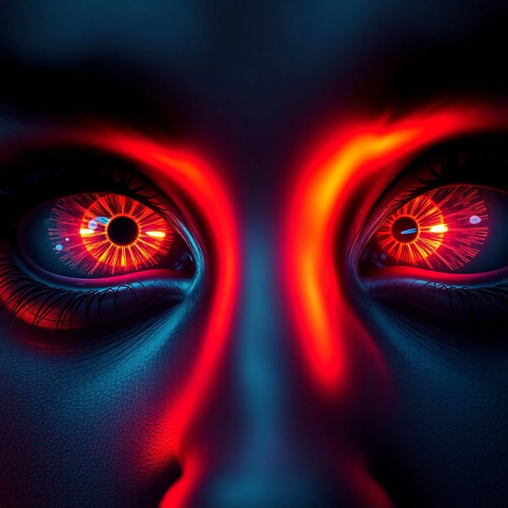 Close-up of mystical eyes, neon glow, intricate iris patterns, digital art style