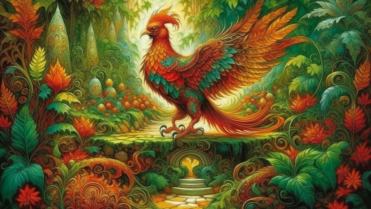 Slavic mythology enchanting garden with lush greenery and beautiful stone winding paths. Depict only one creature: the Firebird. The body of the Firebird is adorned with feathers of vibrant red, orange, and gold, each one glowing with an otherworldly brilliance.