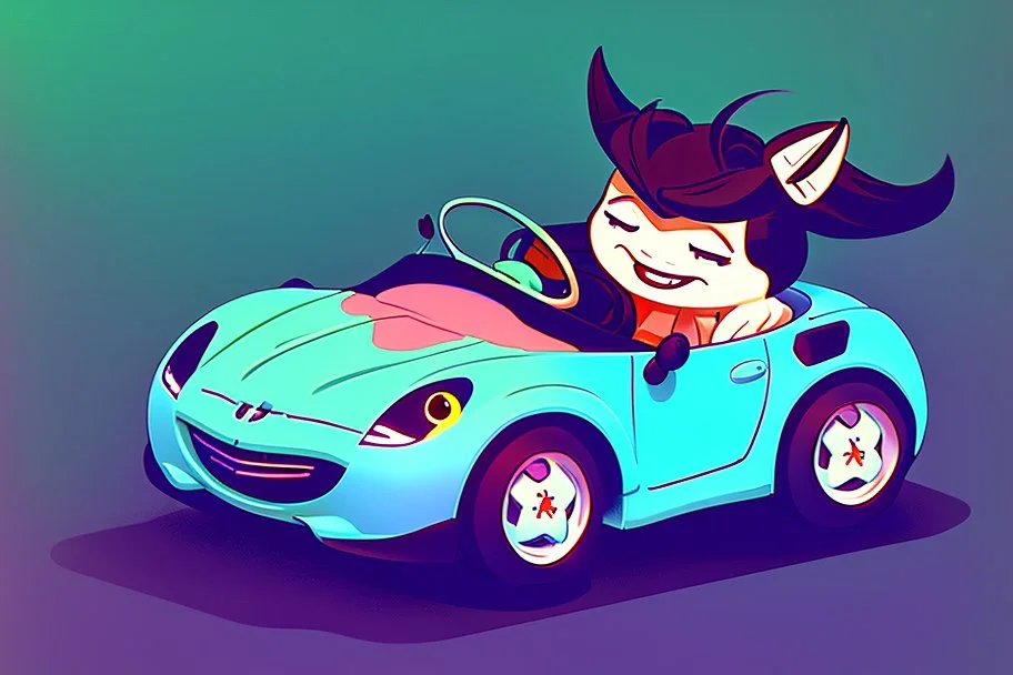 whimsical cartoony sports car with a small mascot character driving it, celshaded comic style