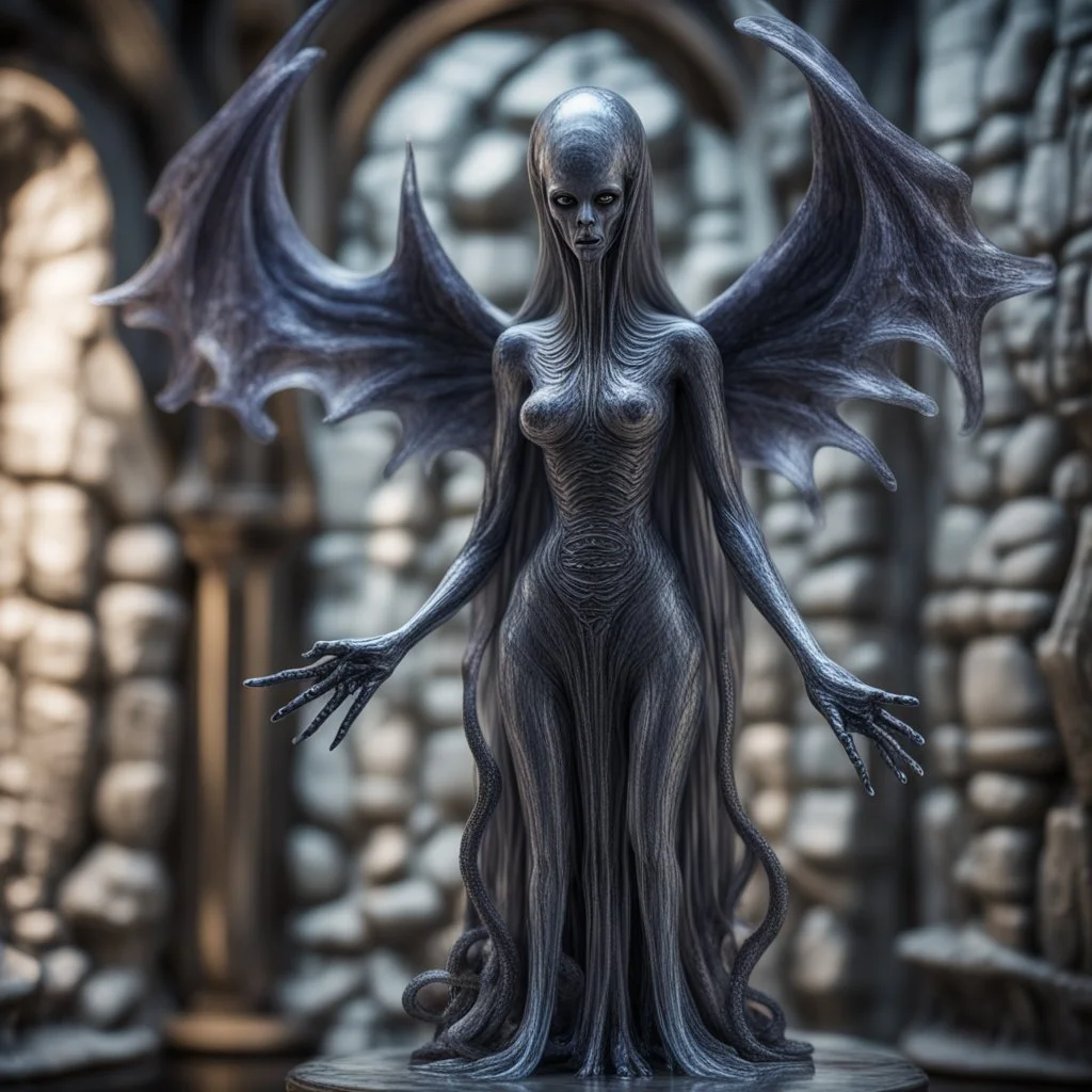 giger escher illithid angel witch sculpture in transparent murano glass in front of stone wall,bokeh like f/0.8, tilt-shift lens 8k, high detail, smooth render, down-light, unreal engine,bokeh like f/0.8, tilt-shift lens 8k, high detail, smooth render, down-light, unreal engine