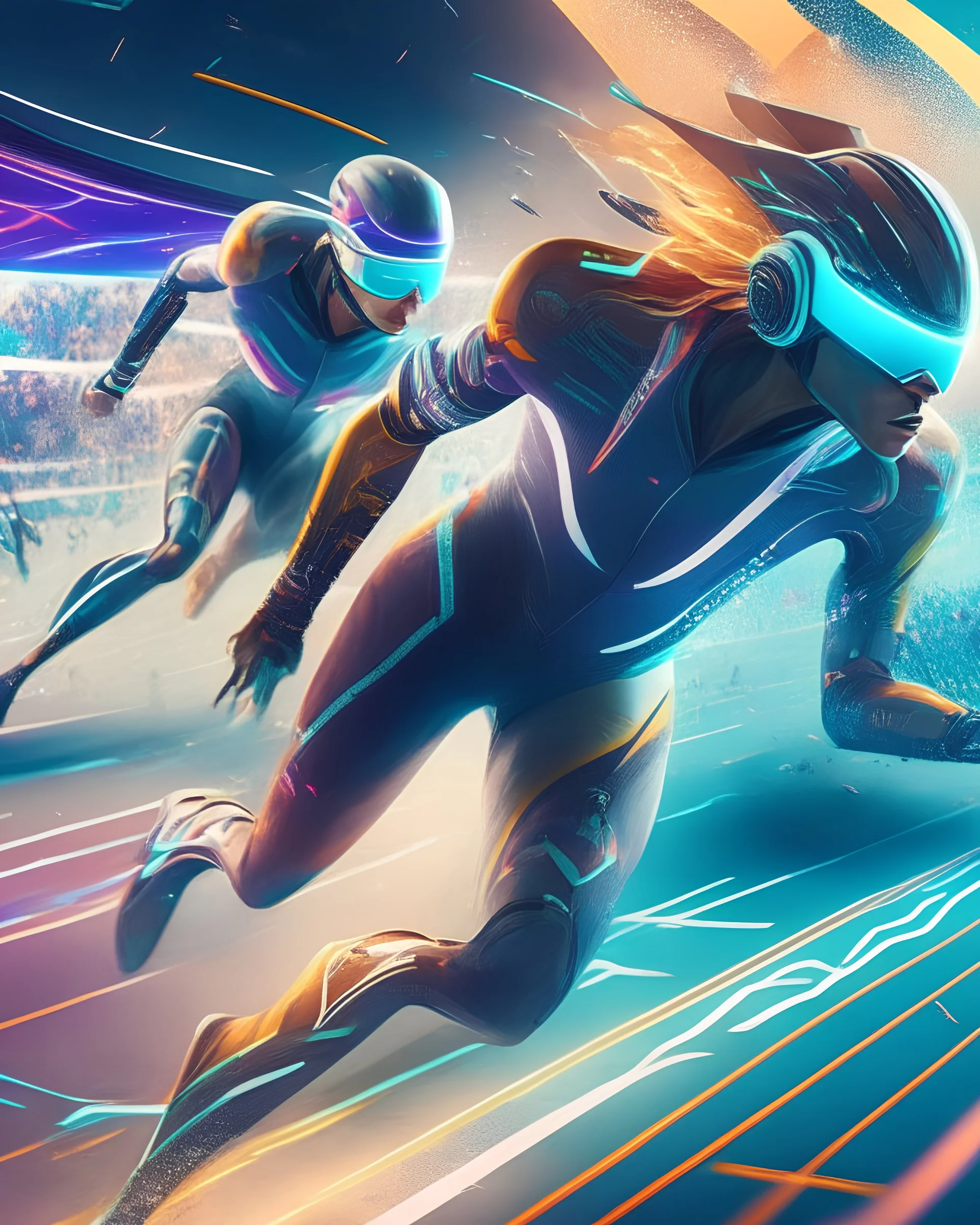 A high-energy, futuristic sports event, with athletes using advanced technology and augmented abilities to compete in a spectacle of speed and skill.