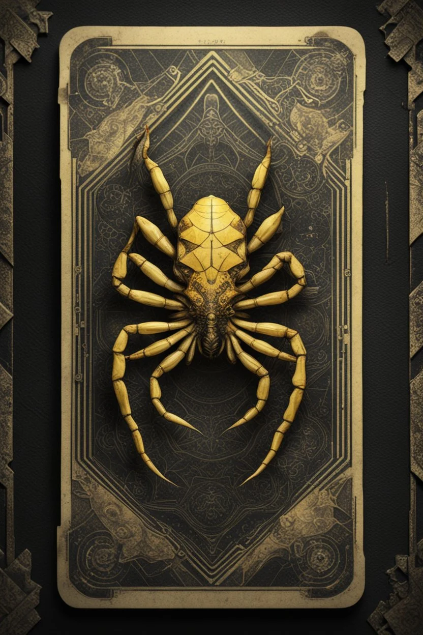 sacred geometry framed playing card brittle parchment, black and yellow crab dragon scorpion spider with shadows boss card in the style of Giger and fallout 4 ,,bokeh like f/0.8, tilt-shift lens 8k, high detail, smooth render, down-light, unreal engine