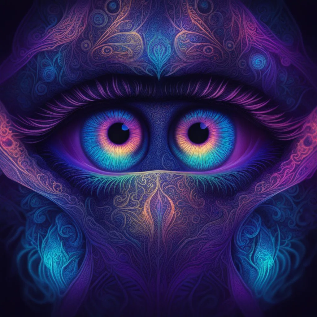 Close-up of mystical eyes, neon glow, intricate iris patterns, digital art style