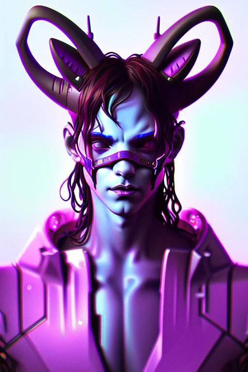 Cyberpunk Satyr, vibrant color scheme, highly detailed, sharp, romanticism, cinematic, concept art, 4k, 8k, trending on art station, purple and blue tones