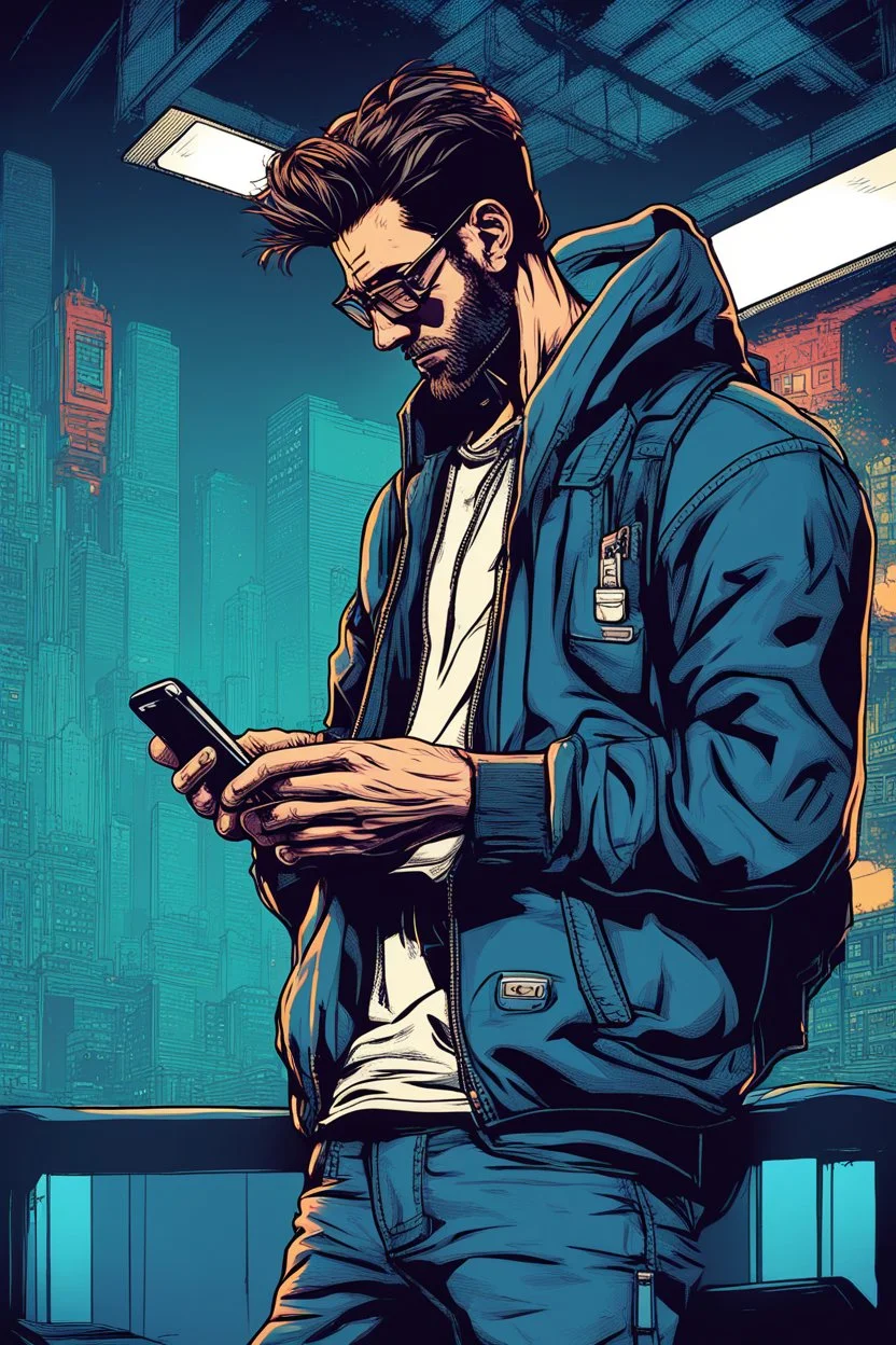 man, profile, cyberpunk, holding a cellphone, comic book art style, geek, engineer, t-shirt, jeans, drug addict, hoodie,