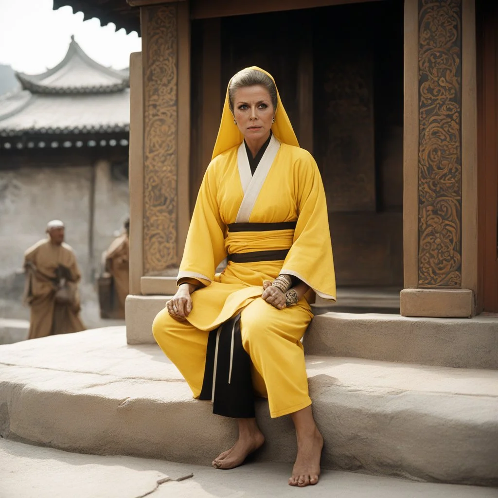 [very impressive high res masterpiece in Kodak Eastman 5247, bokeh scene by Stanley Kubrick] Elizabeth Montgomery in Shaolin gangsta nun covered by tattoos waiting outside in yellow kimono, on a stone doorstep, she menaces the camera with her two fists with tattooed knuckles