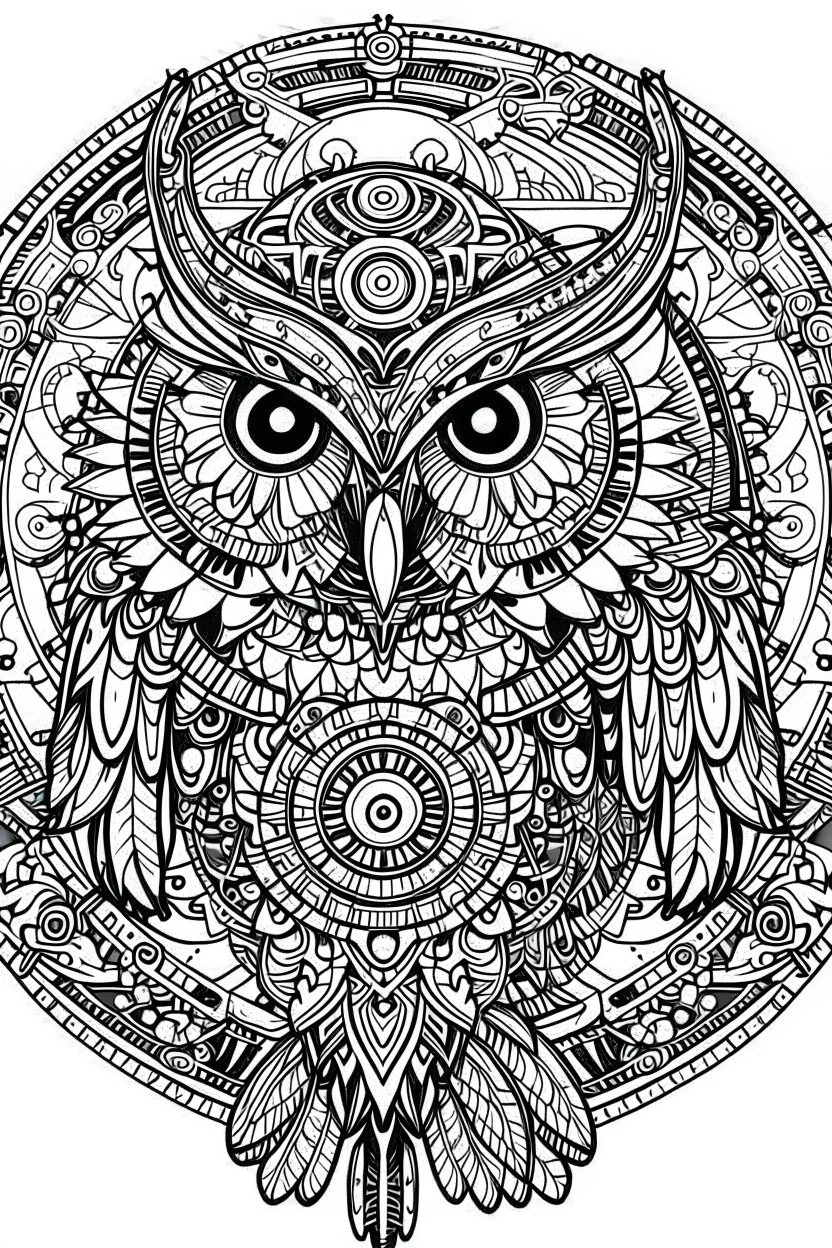 Mandala of Mechanical Owl with Full Moon, outlined in black and white with clear, thick lines for an adult coloring book, contour, vector, clean line art, isolated on a white background