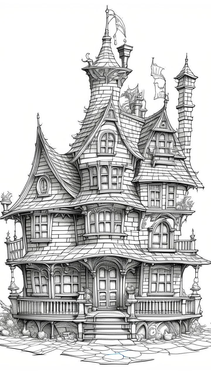 A highly detailed front elevation line drawing of a crooked fantasy house, with a twisted tall chimney, rooms and floors added to the sides and roofs, like Harry Potter's the Burrow.