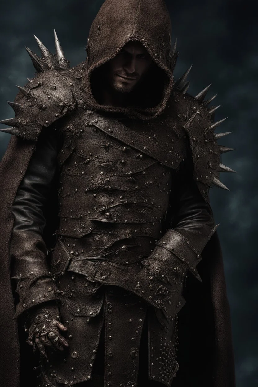 fantasy hooded man wearing studded leather armor