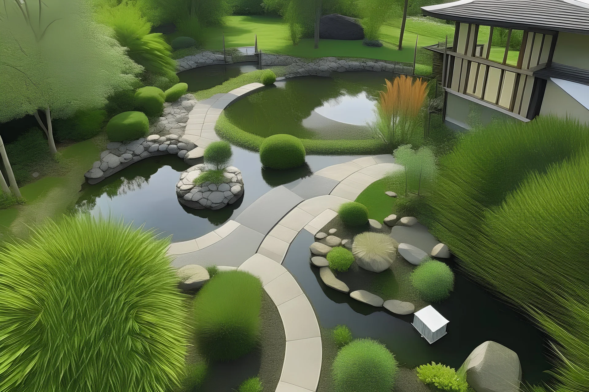 top view picture of a serene tranquil entrance to hospice with pond and lawn landscaping