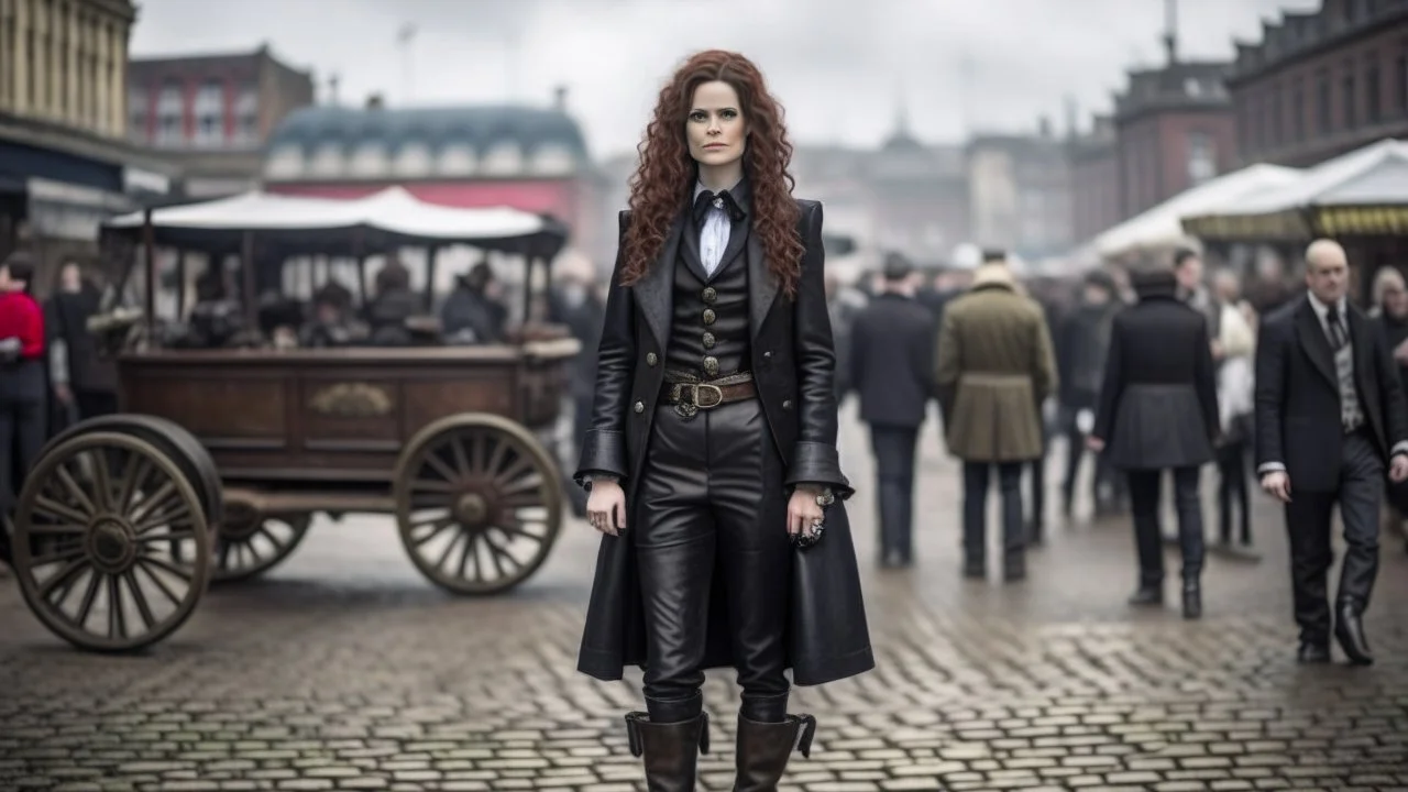 full-length portrait of a pale-faced woman with auburn wavy shoulder-length hair, with metal arms and legs, dressed in leather trousers and jacket, with a blouse, standing beside a steam carriage in a busy market square