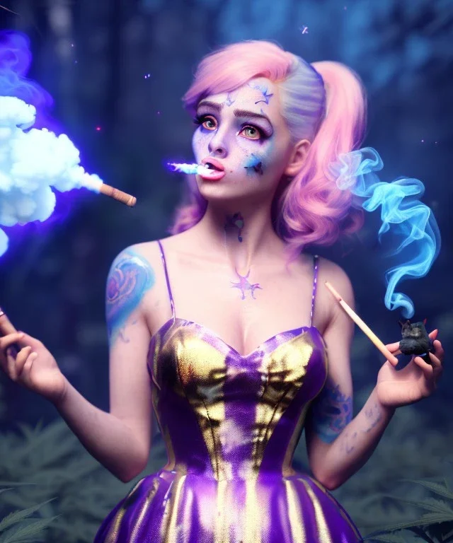 Ultra realistic wonderland photo, happy blonde woman smoking a shisha, blue dress, purple-cat friend, circus dress style, old school tattoo, smoke, marijuana garden, glow eyes, perfect iris, soft color, highly detailed, unreal engine 5, cinematic, ultra detail, volumetric lighting, high definition.