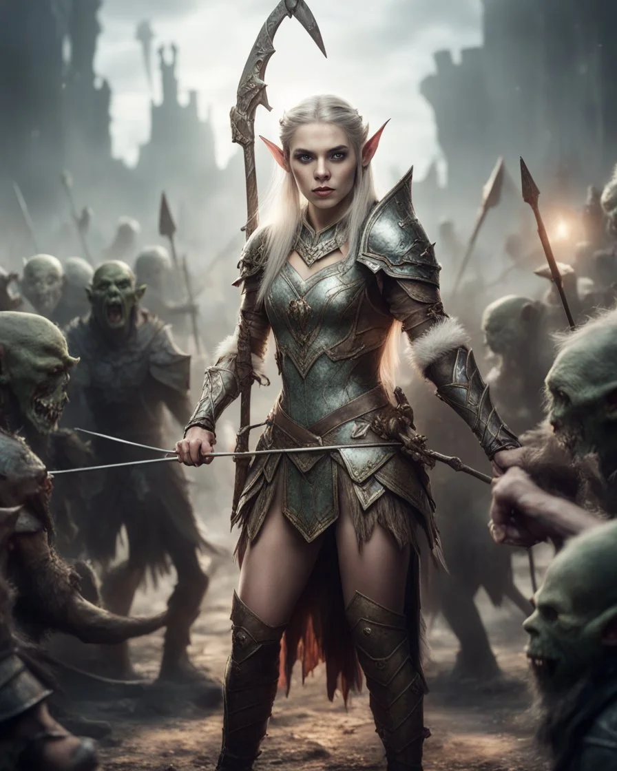 Realistic Photography length image,elf princess wearing luxurious armor standing action holding arrow ready to shot sorrounded by orcs zombies troops