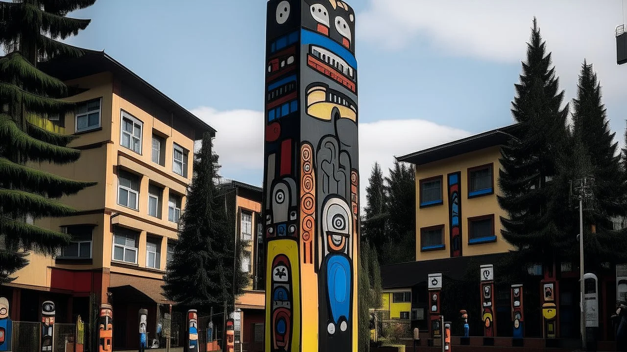 A black shadowy circus in a dark town designed in pacific Northwest totem poles painted by Wassily Kandinsky