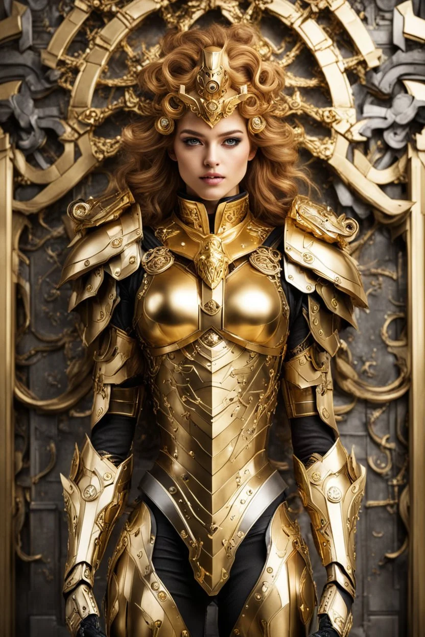 Excellent style Facing front Gorgeous Photography Beautiful Medusa Queen Cyborg dressing Armor Mecha Golden and jewelry,luxury wall background