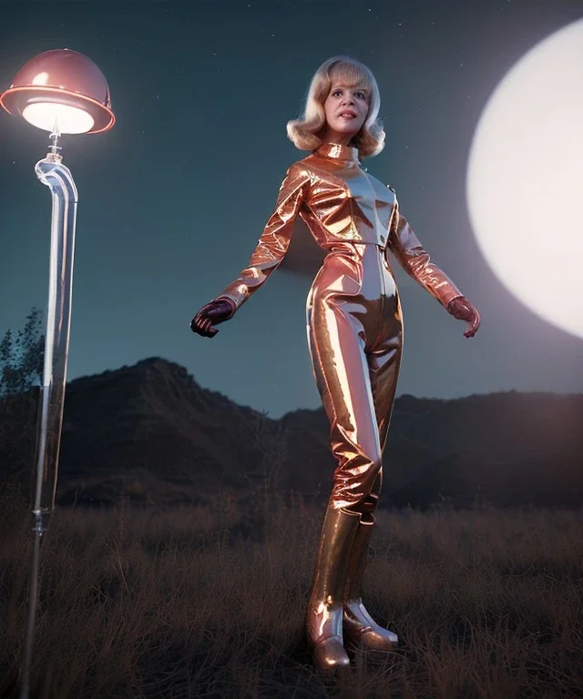 Ultra Realistic retro sci-fi image from 1960, many people looking to sweet young woman Jane Fonda, dress with tight latex coat and retro glass helmet, Retro sci-fi style, soft color, highly detailed, unreal engine 5, ray tracing, RTX, lumen lighting, ultra detail, volumetric lighting, 3d, finely drawn, high definition, high resolution.