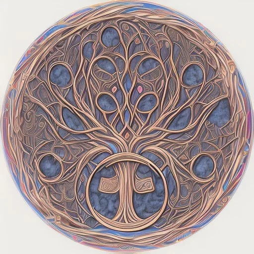 the Tree of life in a tribal, carved circle, muted rainbow colors, twisted branches, centered, elaborate, intricate, stunning, awe-inspiring, ultra-fine detail, 8k, sharp, crisp, high-quality, 3d, detailed matte, brian froud, howard lyon, selina french, anna dittmann, lisa parker, greg rutowski, alphonse mucha