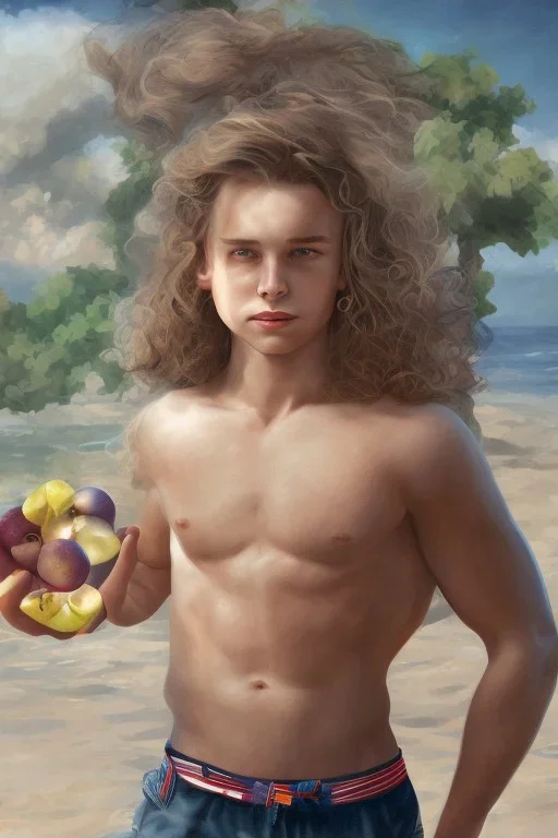 full body image of a beautiful 12 year old boy with long, blonde curly hair and light blue eyes, smiling, shirtless, holding an apple in his right hand, in front of an distant beach