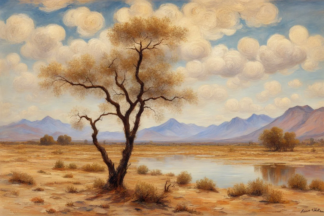 clouds, arid land, distant mountains, dry trees, pond, claude monet impressionism painting