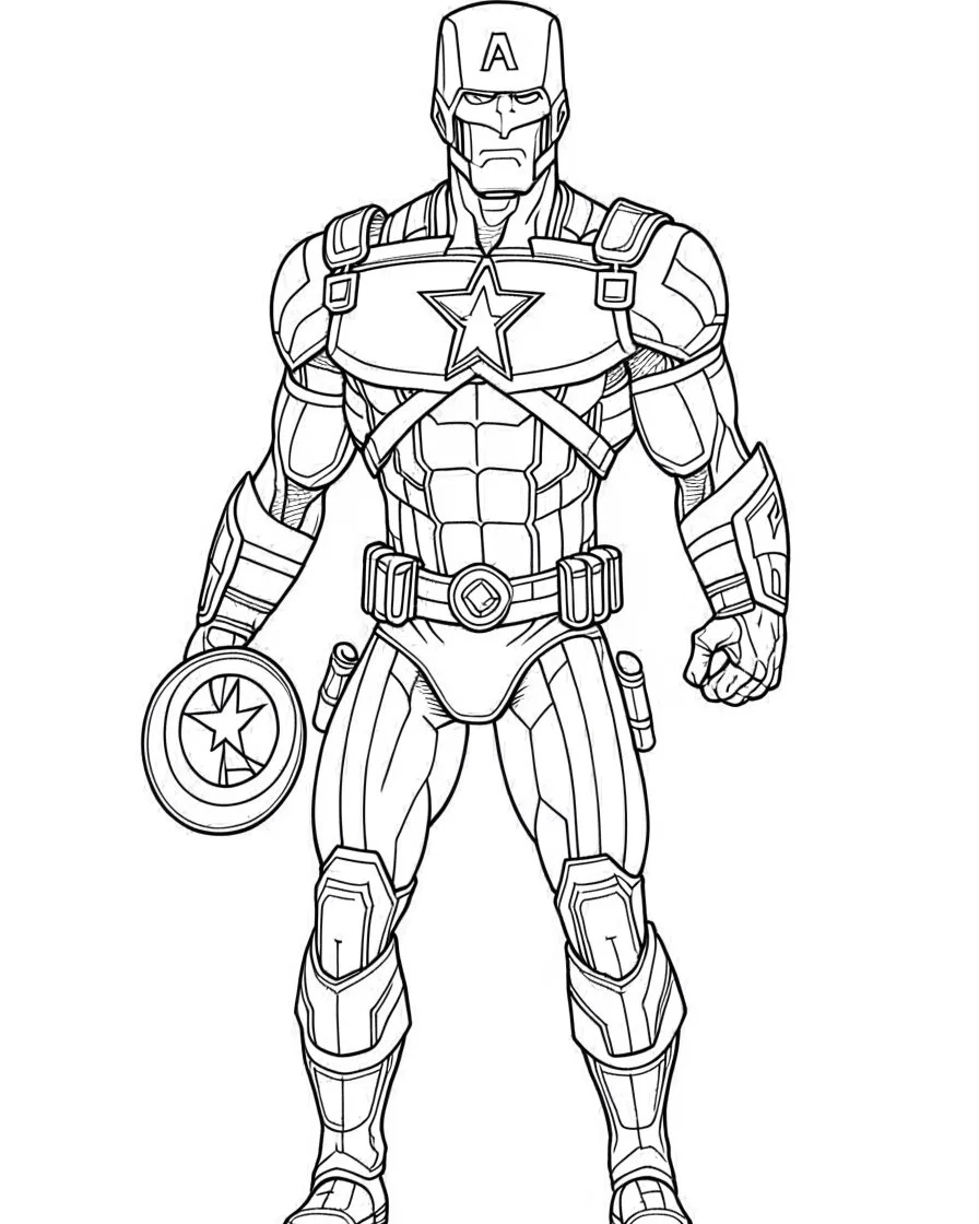 Avengers Captain America, coloring page, no leaves, full body (((((white background))))), only use an outline., real style, line art, white color, clean line art, white background, Sketch style