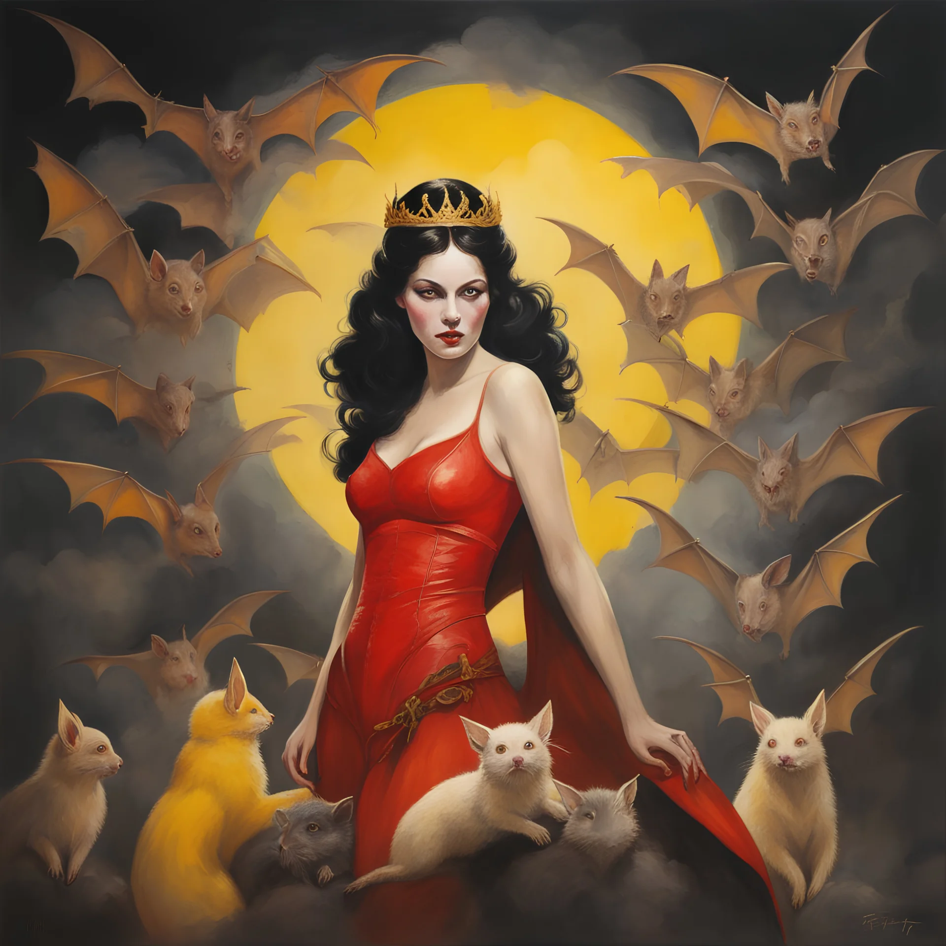 a Hideous, horrifying, frightening Snow White and the seven vampire bats, wearing a red leather sling suit with a gold/yellow bat emblem on the waist, dark, multicolored watercolor stained wall in the background, oil painting in the art style of Frank Frazetta, 32k UHD, Hyper realistic, photorealistic, realistic, sharp, highly detailed, professional quality, beautiful, awesome, majestic, superb, trending on artstation