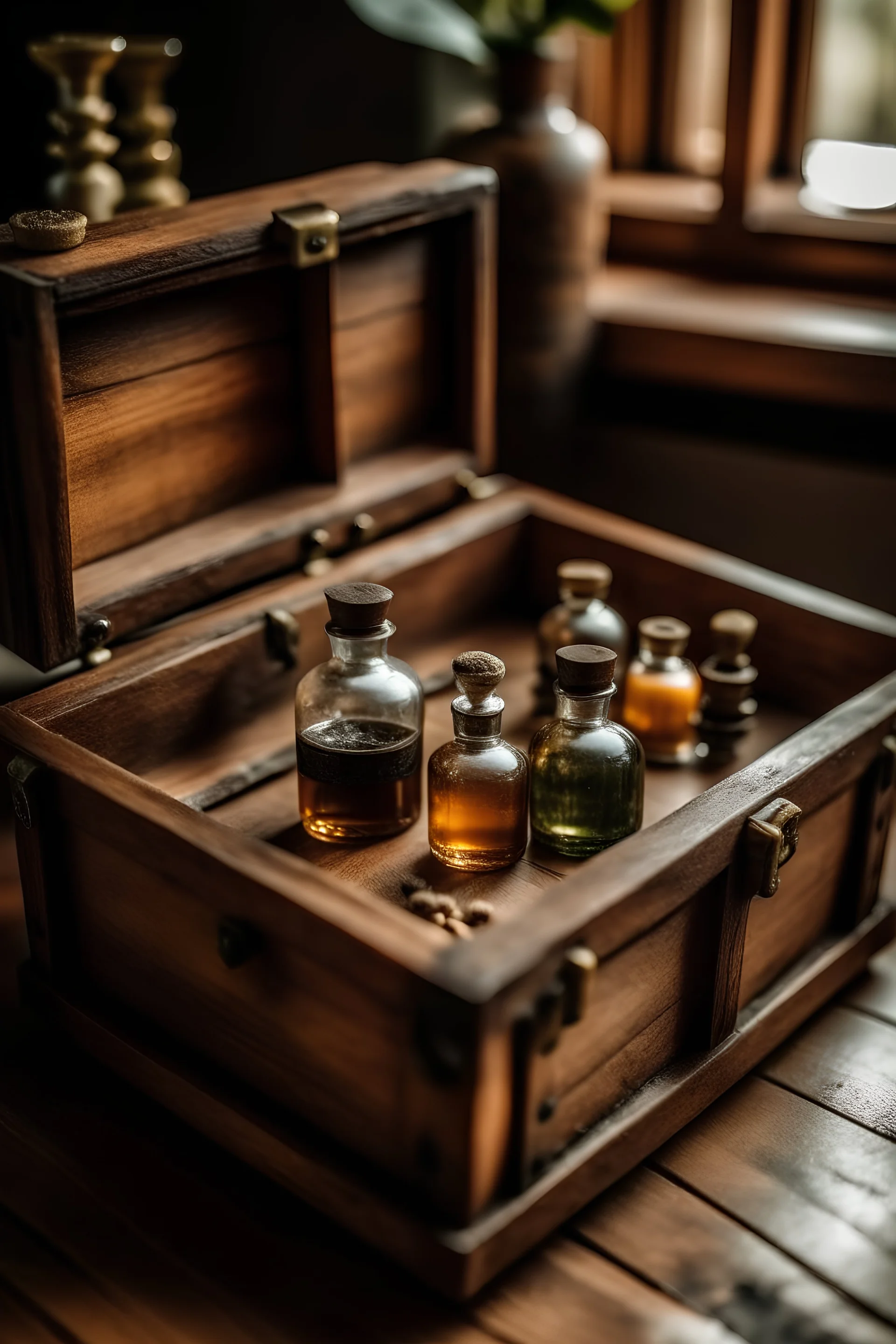 generate me an aesthetic image of perfume for Perfume Bottles in Rustic Drawer
