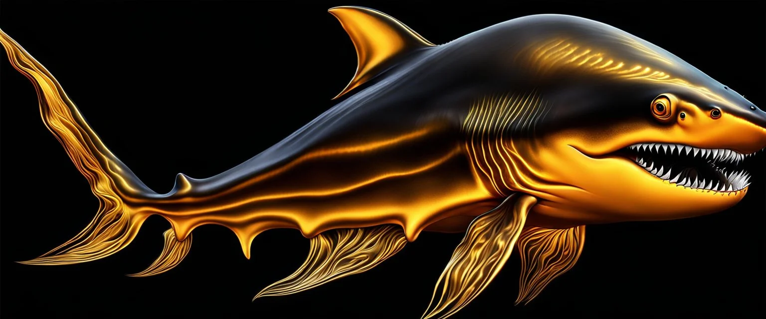 ultra high image quality, Close-up of a shark bat squid god resembling liquid gold, fins rippling like molten metal, set against AMOLED-worthy pure black backdrop, fantasy art style infused with a golden filter, tailored for vertical wallpaper, exclusive design with no duplicates, radiating beauty suitable for a PC screen image, vivid colors, ultra fine, digital painting.