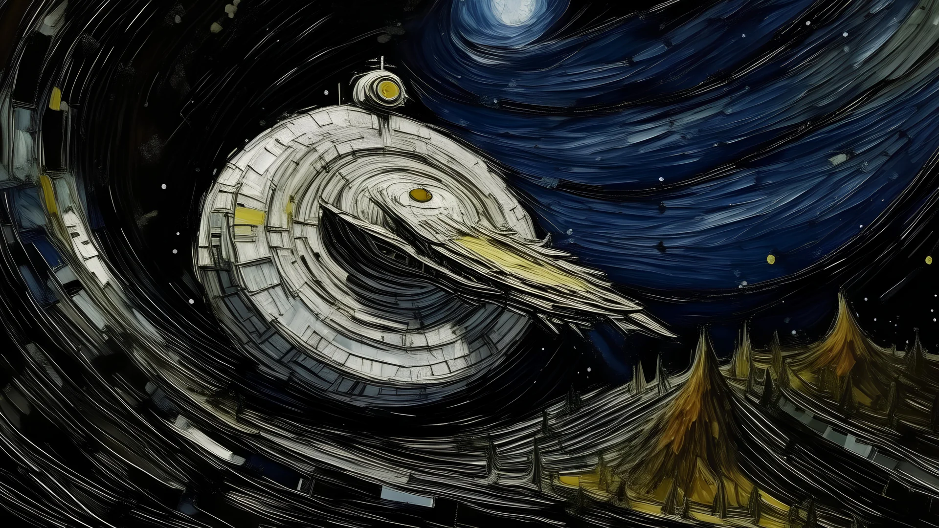 A gray space station in a galaxy painted by Vincent van Gogh