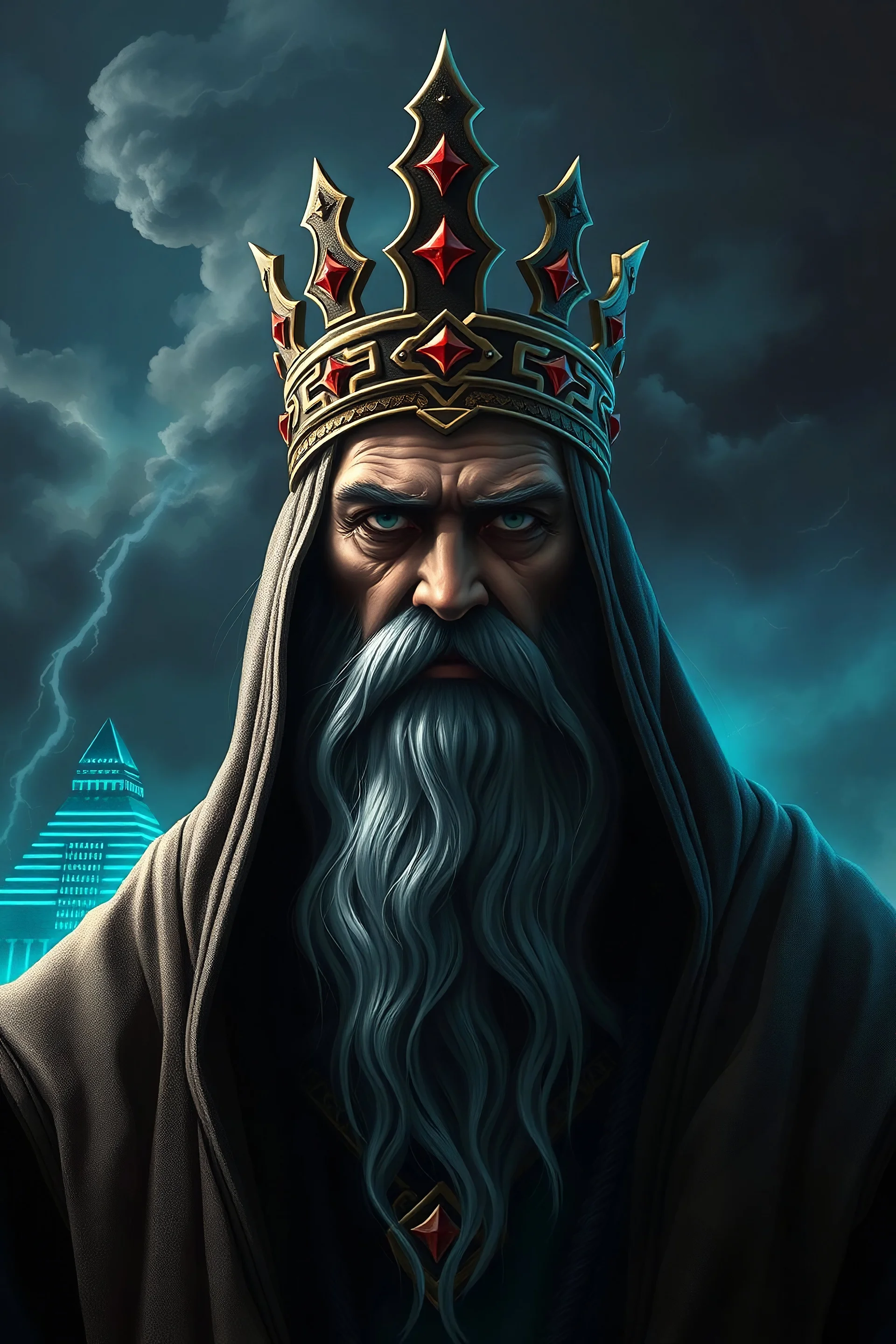 dnd, portrait of a noble with a long. grey beard, in a hood Babylon at its peak, dark yet vibrant, with skyscraper-like ziggurats illuminated by glowing neon blue and green, and Nimrod standing tall at the center, crowned as a king, with storm clouds swirling.