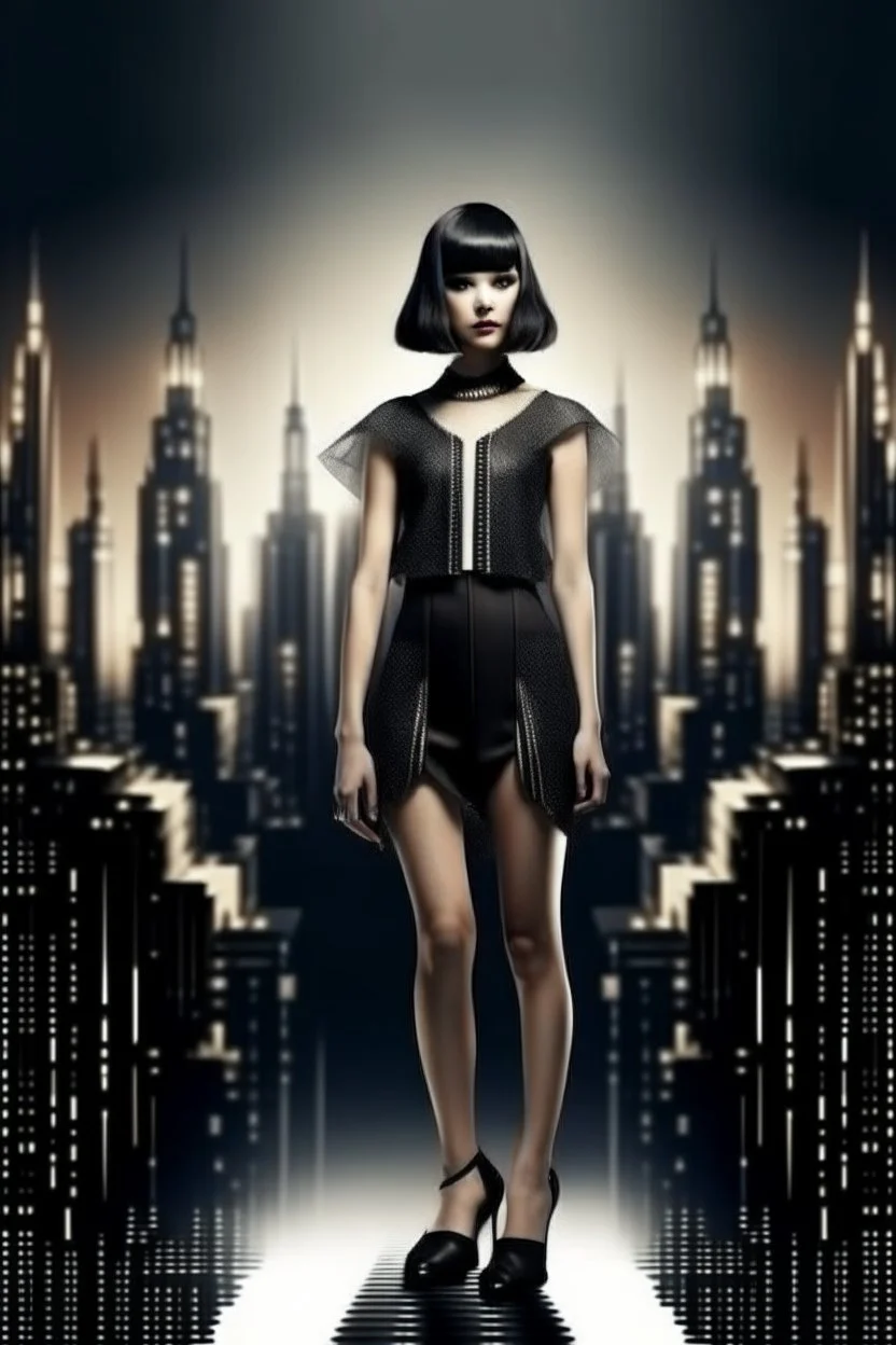 full body picture of a skinny woman with a bob, a fringe black hairstyle, 1920s flapper clothing, futuristic city background