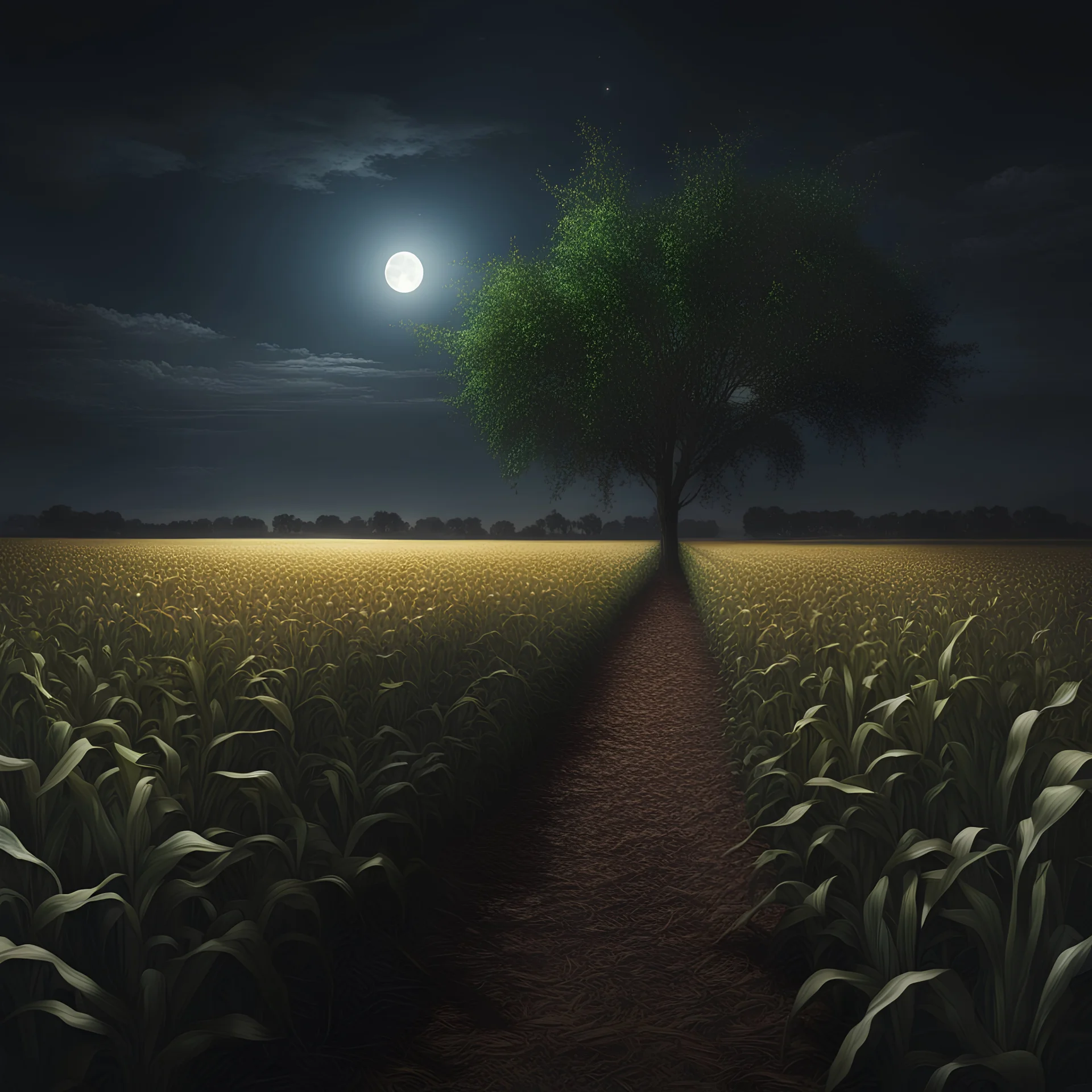 Hyper Realistic Corn Field at night with empty tree