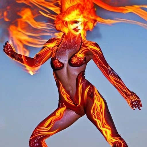 woman made of fire, fire angel, fire clothes, full body portrait, long flowing hair, only wearing bikini made of fire, highly detailed, real life photo, photo quality, extremely detailed, high quality, standing in fire, highly detailed