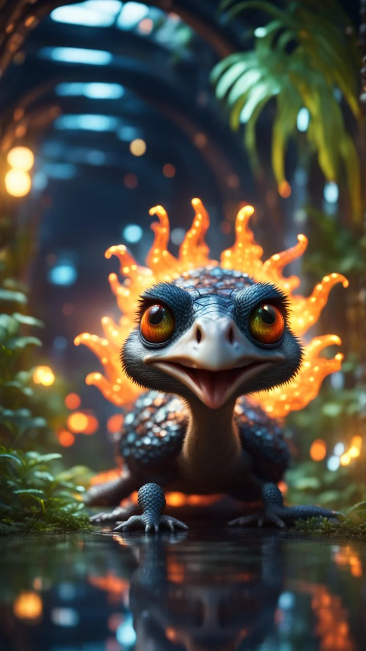 Fire breathing space ostrich turtle dragon with friendly cute face and hair like a rocker, in dark lit reflective wet jungle metallic hall dome hotel tunnel, in the style of a game,bokeh like f/0.8, tilt-shift lens 8k, high detail, smooth render, down-light, unreal engine, prize winning