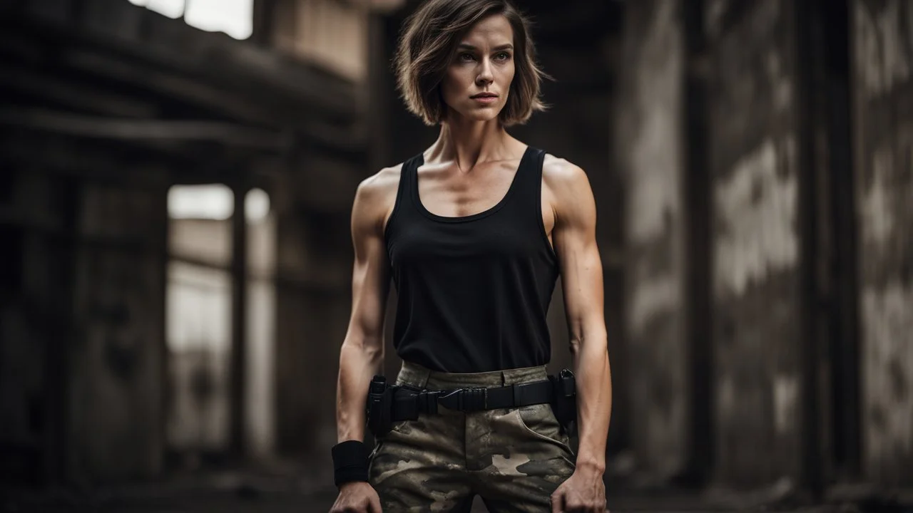 beautiful slender caucasian female technician with a knife, looking away from camera, black tank top, well toned muscles, weathered face, scratched sand camo metal details, short brunette wavy bob haircut, dystopian brutalist city scene