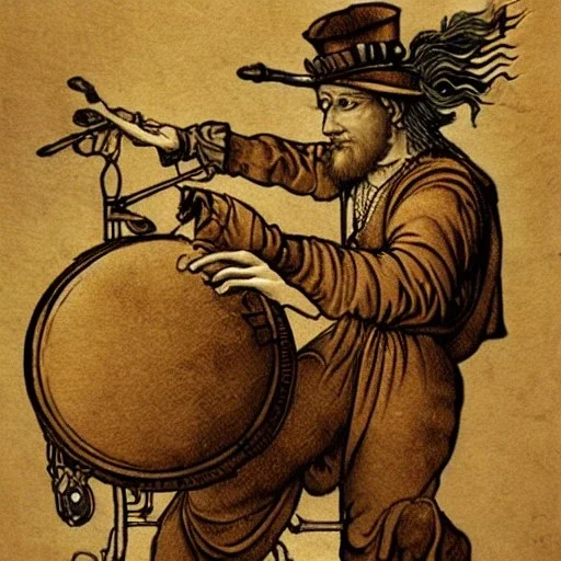 leonardo da vinci, crazy, playing drums, steampunk, art nouveau, art renaissance