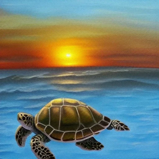 oil painting turtle and sunset