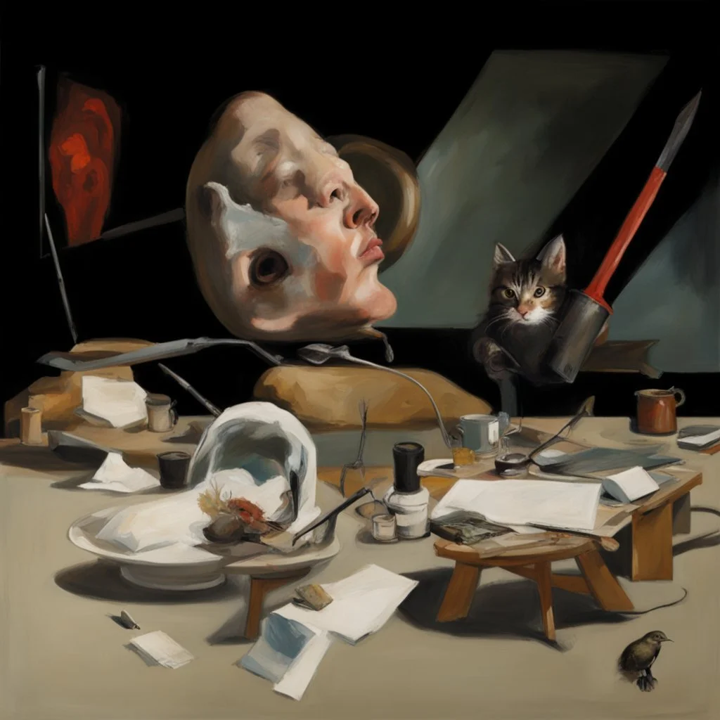 UN conference,a cat and human flesh-like surgical instruments and universe-like a pigeon and neuralink, surrealism,minimalism,Painting By Adrian Ghenie, Rene Magritte, Salvador Dali, Lucian Freud