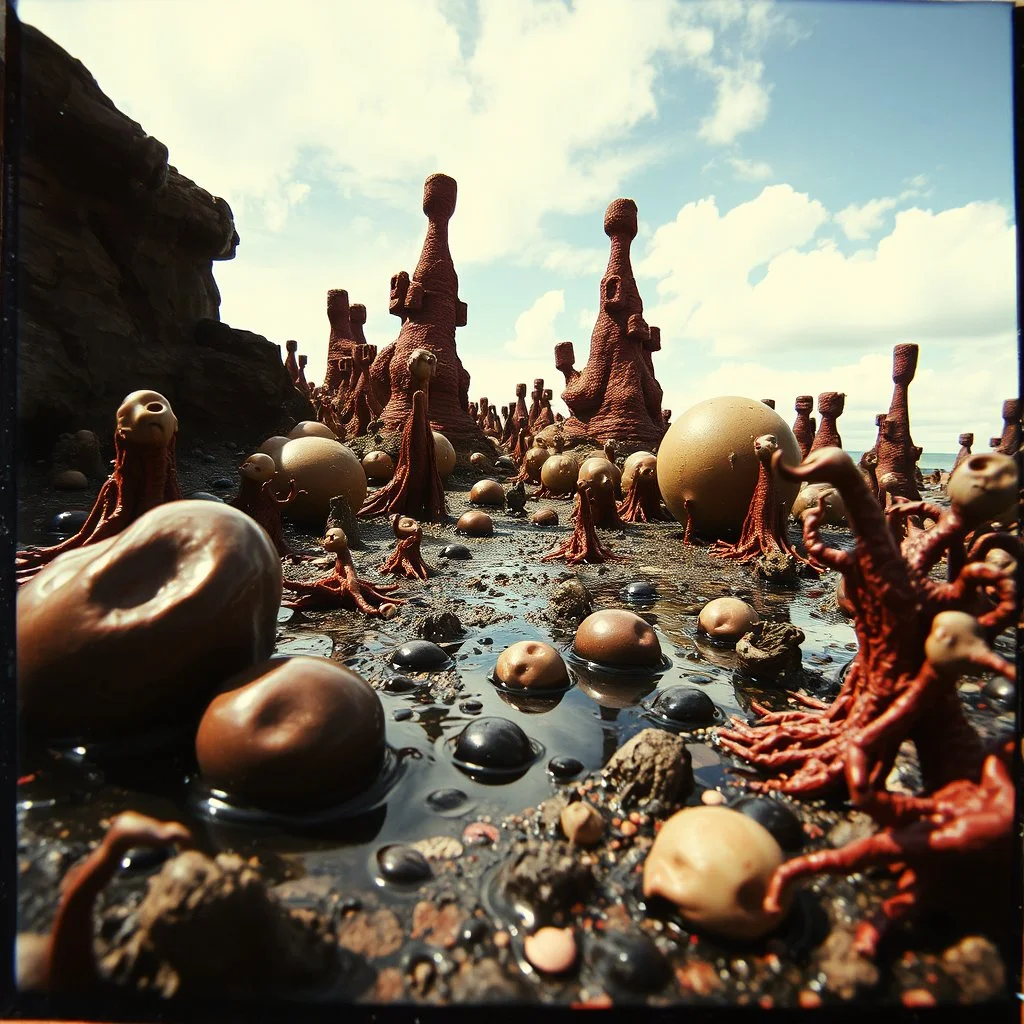 Photography polaroid close-up of a random landscape with odd Yves Tanguy incomprehensible forms, surrealism, glossy, organic, creepy, strong texture, fiotti di liquido nero, horror, panic, obsessive, hypnotic